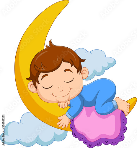 Cartoon baby boy sleeping on the moon