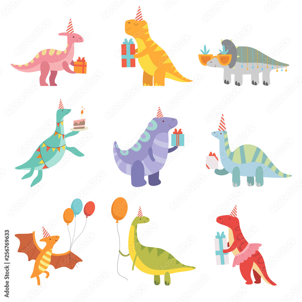 Fototapeta Kolekcja uroczych dinozaurów w czapeczek z pudełkami, śmieszne niebieskie postacie Dino, elementy projektu Happy Birthday Party ilustracji wektorowych