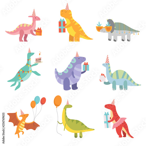Collection of Cute Dinosaurs in Party Hats with Gift Boxes, Funny Blue Dino Characters, Happy Birthday Party Design Elements Vector Illustration
