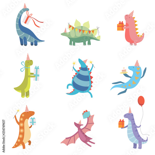 Collection of Cute Colorful Dinosaurs in Party Hats, Funny Blue Dino Characters, Happy Birthday Party Design Elements Vector Illustration
