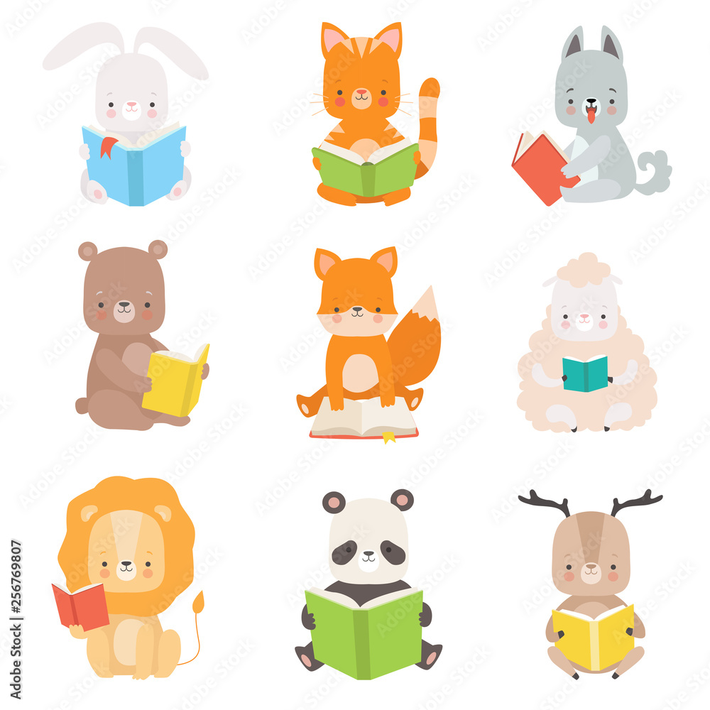 Cute Animals Characters Reading Books Set, Adorable Smart Cat, Panda Bear, Lion, Lamb, Fox, Wolf, Bunny, Deer Sitting with Books Vector Illustration Cute Animals Characters Reading Books Set, Adorable Smart Cat, Panda Bear, Lion, Lamb, Fox, Wolf, Bunny, Deer Sitting with Books Vector Illustration