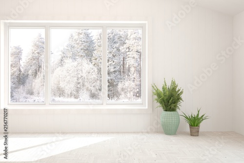 Fototapeta Naklejka Na Ścianę i Meble -  White stylish empty room with winter landscape in window. Scandinavian interior design. 3D illustration