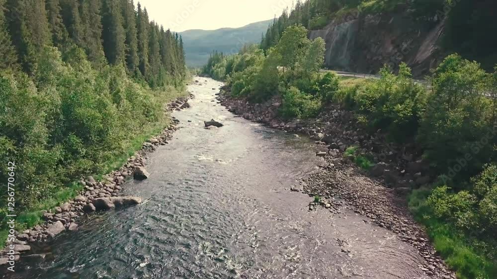Close and slower forward drone shot over a river next to a road in a forest. Mountains are shown