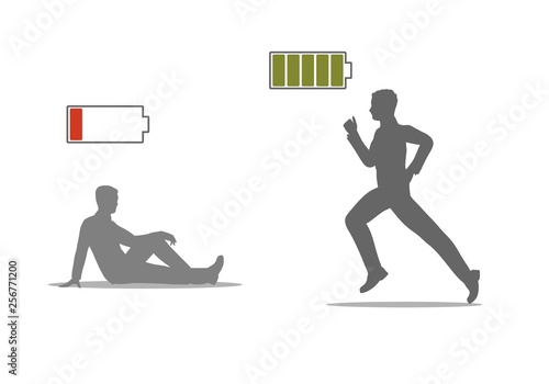 Businessman in two versions tired and active with battery icon above. Full and low battery concept. Business and life energy. Low battery red color and high full level energy battery green.