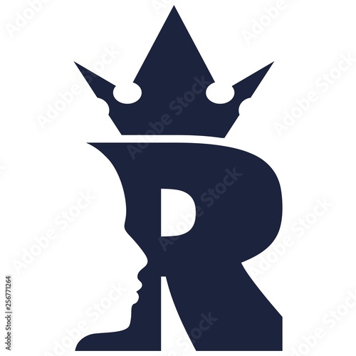 Royal luxury emblem with R letter silhouette. Prince head silhouette with crown. Medieval king profile. Business fantasy badge