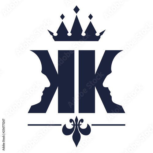King logo. Royal luxury emblem. Face and crown icon. Business fantasy golden badge with double K letter
