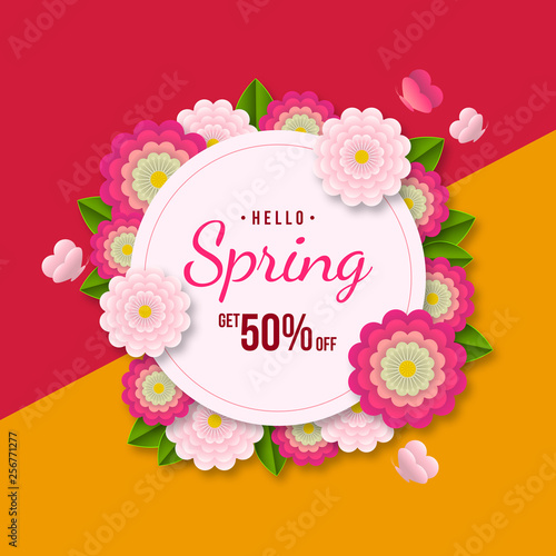 Spring sale background with colorful flower and leaf for spring offer 50% off. © SanjoyKrishna
