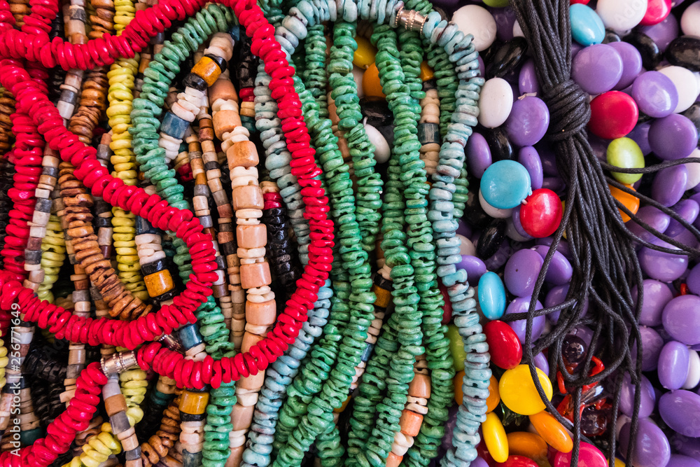 Colorful beads and fake coral necklaces.