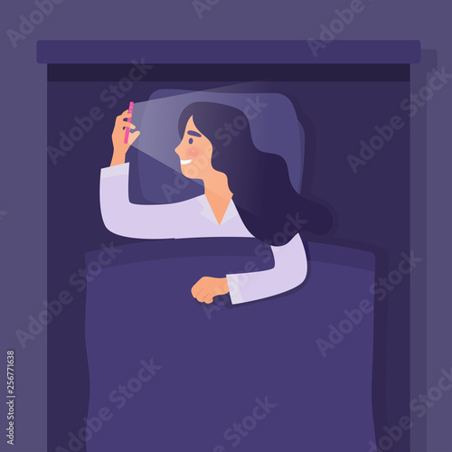 sleep girl at night using smartphone, girl with phone addiction with social media, message, sleep late because addiction to smartphone