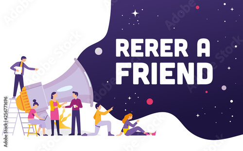Big megaphone with Refer a friend word concept, a team work standing and sitting with big megaphone behind and shout Refer a Friend, Refer a friend concept media for landing page, template, ui, web