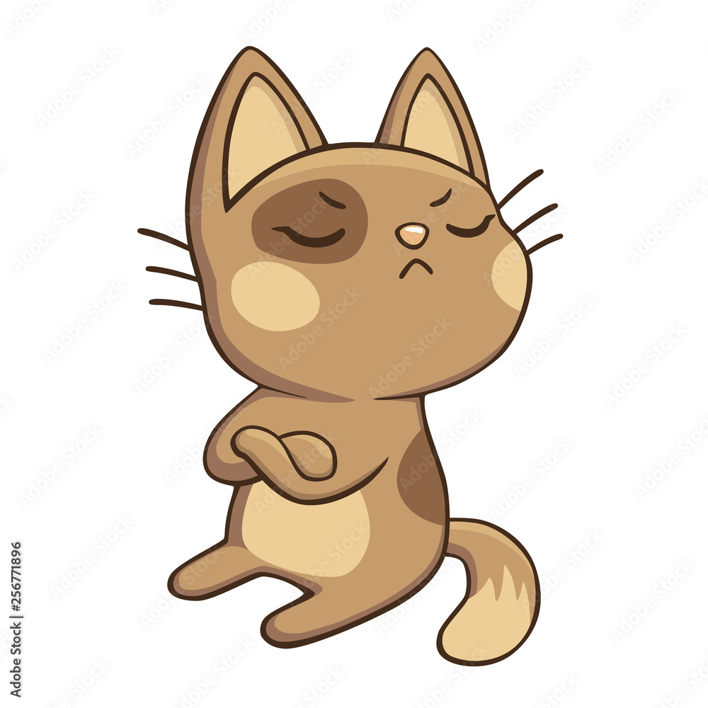 Unhappy kitten turned away resentfully, isolated, vector. Arrogant harmful cat refusing to talk. Funny pet sticker, flat
