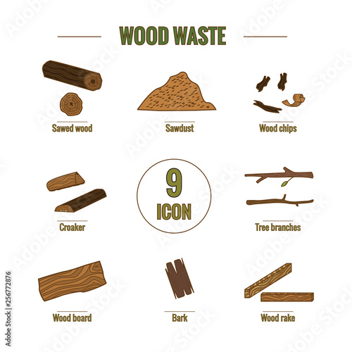 Line style icon collection - wood waste elements. 