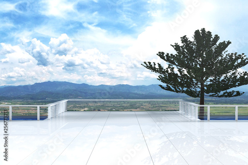 3D rendering   illustration of empty living room with mountain view. sun loungers on private deck against swimming pool at luxury villa resort. travel time concept. summer vacation travel.