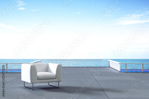 3D Rendering : illustration of resting area of balcony with two couch armchair sofa outdoor. high view. sun deck of resort. blue sea view and blue sky with cloud. take a rest time concept.