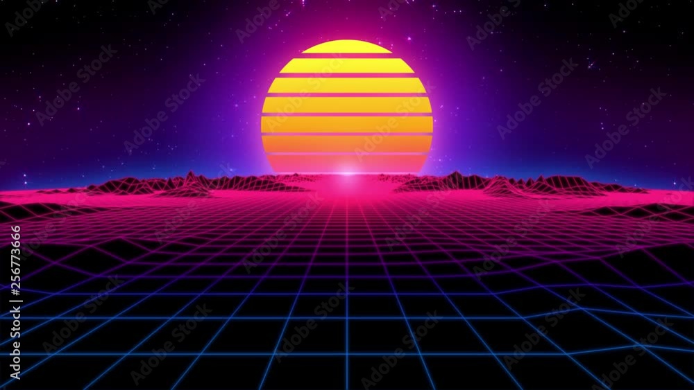 Camera drifts toward an 80s retro sunset over a tech grid with a twinkling star field background and low-poly mountain ranges. 30-second seamless loop.