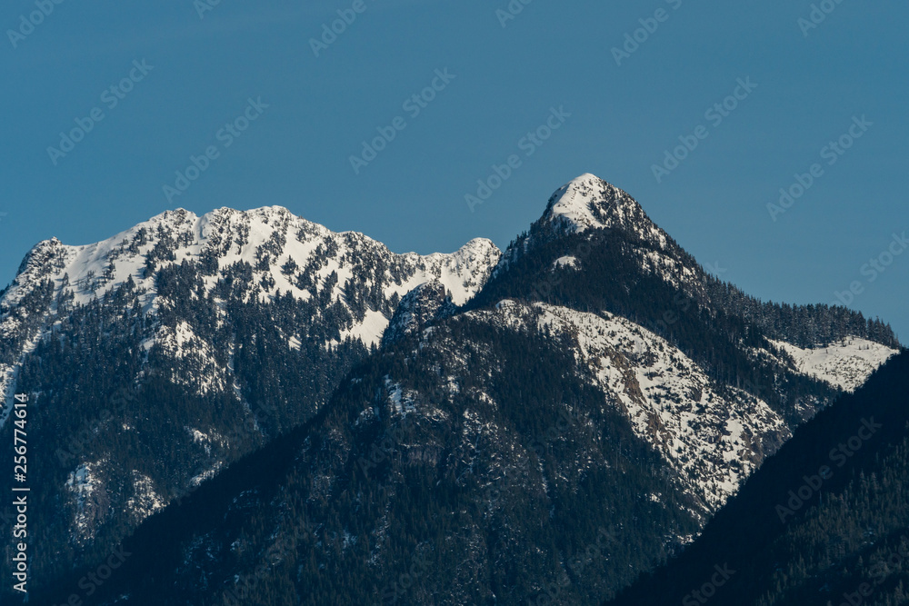 close up of snow covered mountain peaks with forest under hazy blue sky