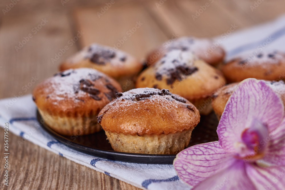Cupcakes with chocolate chips with powdered sugar lie in a black baking sheet, on a napkin next to the orchid flower, on a wooden background. Close-up