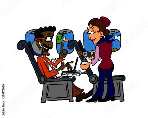 Man inside an airplane asking for coffee