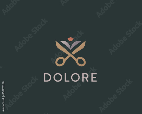 Scissors leaf logotype. Flower barber, landscape vector logo.
