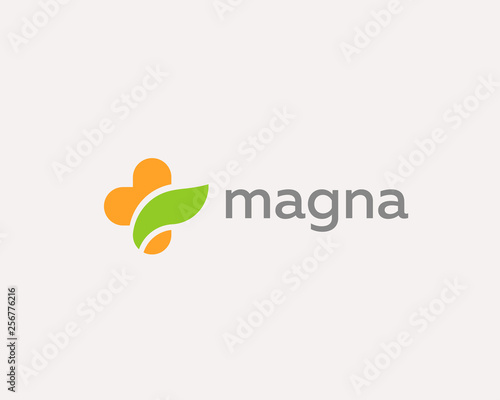 Medical cross leaf logo design. Color care vector logotype.