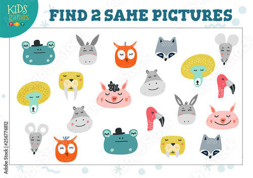 Find two same pictures kids game vector illustration