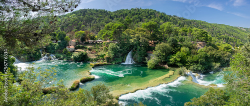 Large panoramic aerial view of beautiful waterfalls at Krka National Park. Croatia