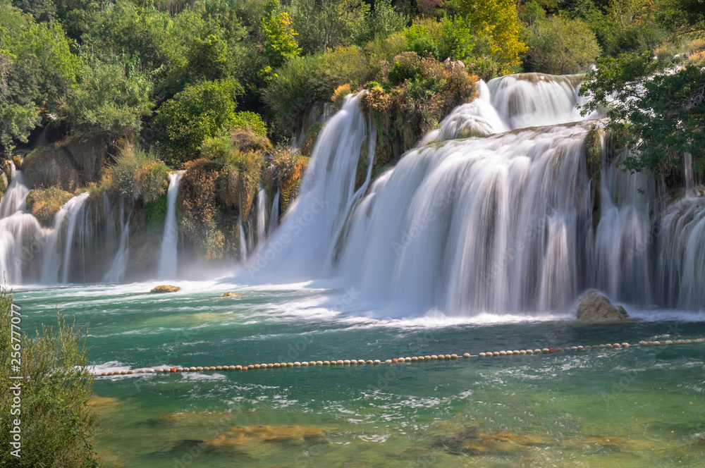 Fototapeta premium Long exposure photo of beautiful big waterfalls at Krka National Park. Croatia