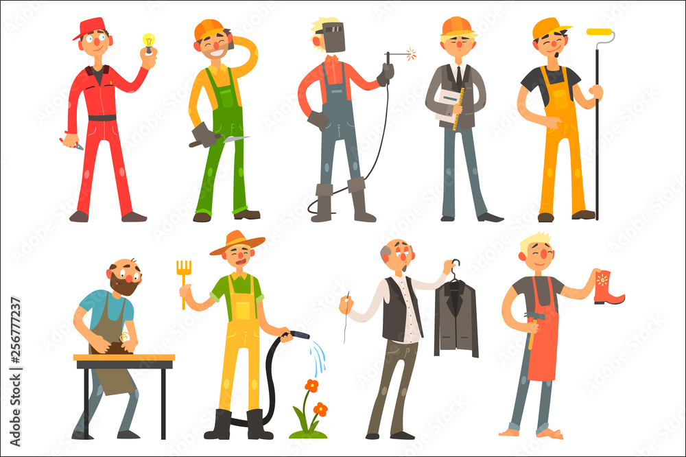 People of different professions and occupations in working outfit. Electrician, builder, welder, architect, molar, potter, gardener, clothier, shoemaker. Flat vector design People of different professions and occupations in working outfit. Electrician, builder, welder, architect, molar, potter, gardener, clothier, shoemaker. Flat vector design