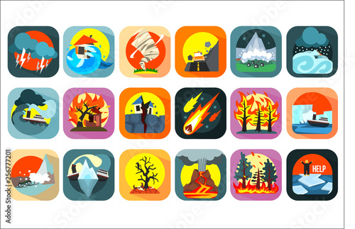 Icons set of natural disaster, catastrophe and crisis situations. Forest fire, asteroid, storm, hurricane, snow avalanche, flood, volcanic eruption, drought, earthquake, tsunamis. Flat vector