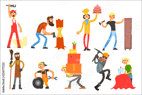 Flat vector set with people of different professions. Plumber, lumberjack, confectioner, furniture maker, janitor, car mechanic, loader, miner, seamstress