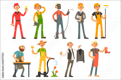 People of different professions and occupations in working outfit. Electrician, builder, welder, architect, molar, potter, gardener, clothier, shoemaker. Flat vector design