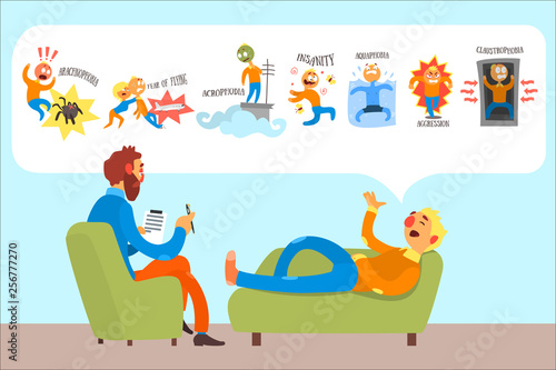 Man talking with psychotherapist about phobias arachnophobia, fear of flying, insanity, acrophobia, aquaphobia, aggression, claustrophobia. Patient lies on couch. Flat vector