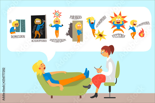 Woman talking with psychotherapist about problems and phobias depression, achluophobia, nomophobia, paranoia, entomophobia, hysteria, pyrophobia. Flat vector design