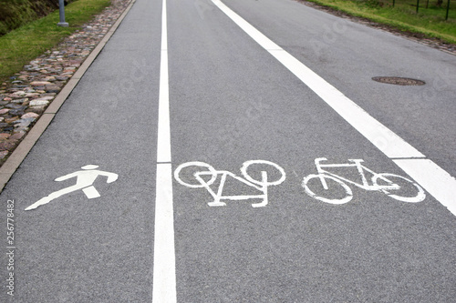 Bicycle and pedestrian road sign on asphalt. Seperate path for cycling and walking on city street.