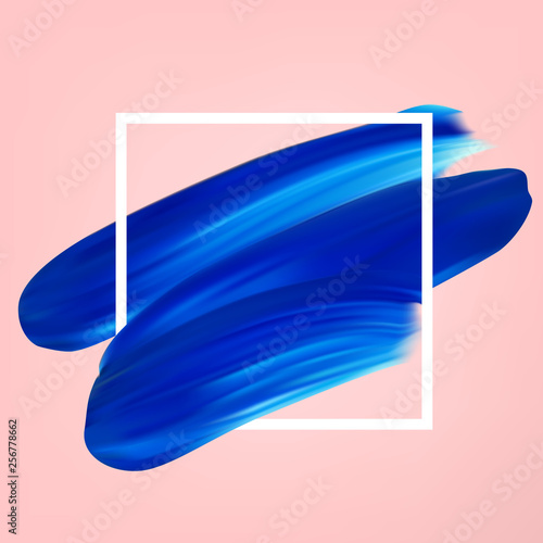 Blue vector abstract smear on pink. Female girly logo. Paint brush stroke in frame, banner template.