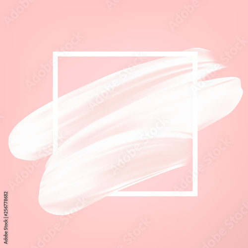 White vector abstract smear on pink. Female girly logo. Paint brush stroke in frame, banner template.