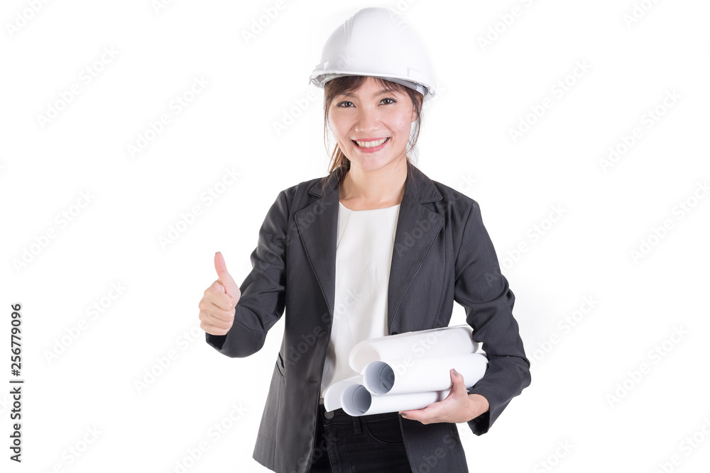 Smiling business woman engineer isolated on white. Architect worker with white protect helmet wearing Smiling business woman engineer isolated on white. Architect worker with white protect helmet wearing