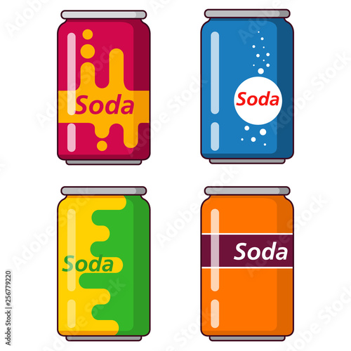 Soda water carbonated .Soft drink lemon flavor.Lemonade,orange aluminum packaging.Flat vector.Sparkling Water fruit-flavored.