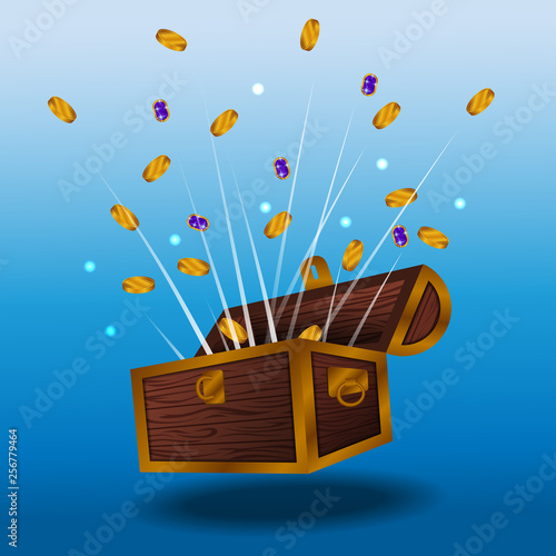 surprise money golden coin from vintage wooden box treasure with blue gradient background