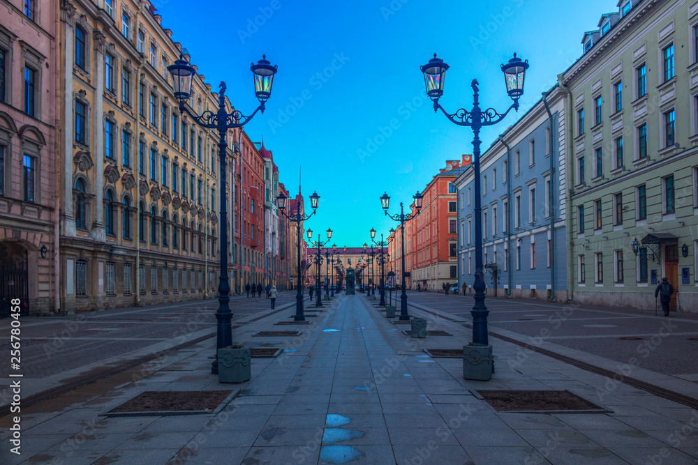 St. Petersburg street on a cold spring evening before sunset