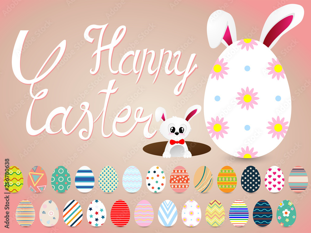 Collection of Easter eggs with different texture, pattern on retro pastel background Collection of Easter eggs with different texture, pattern on retro pastel background