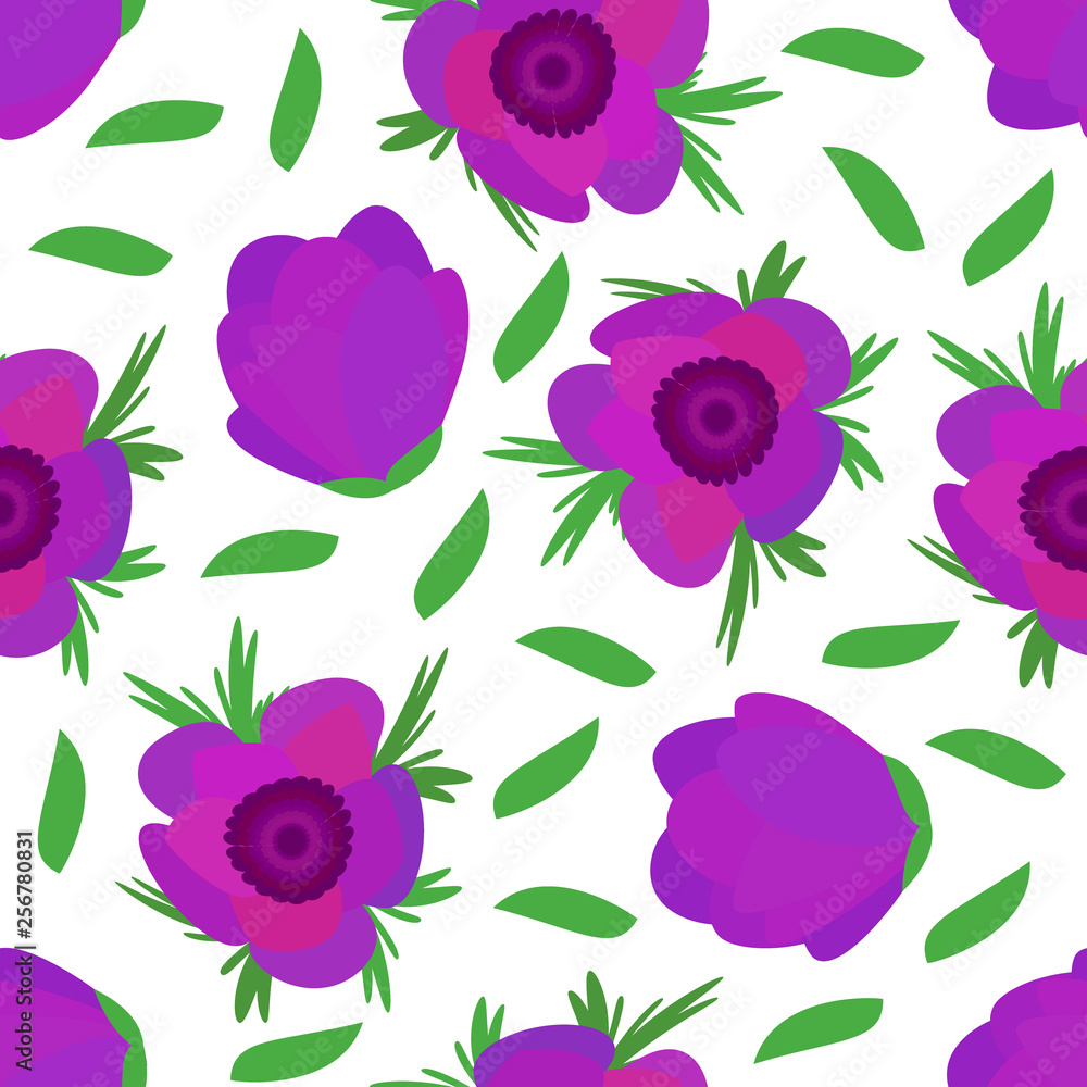 pattern with flower Anemone, pink spring flower with stem