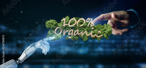 Cyborg holding a Wooden logo 100 % organic with leaves around 3d rendering © Production Perig