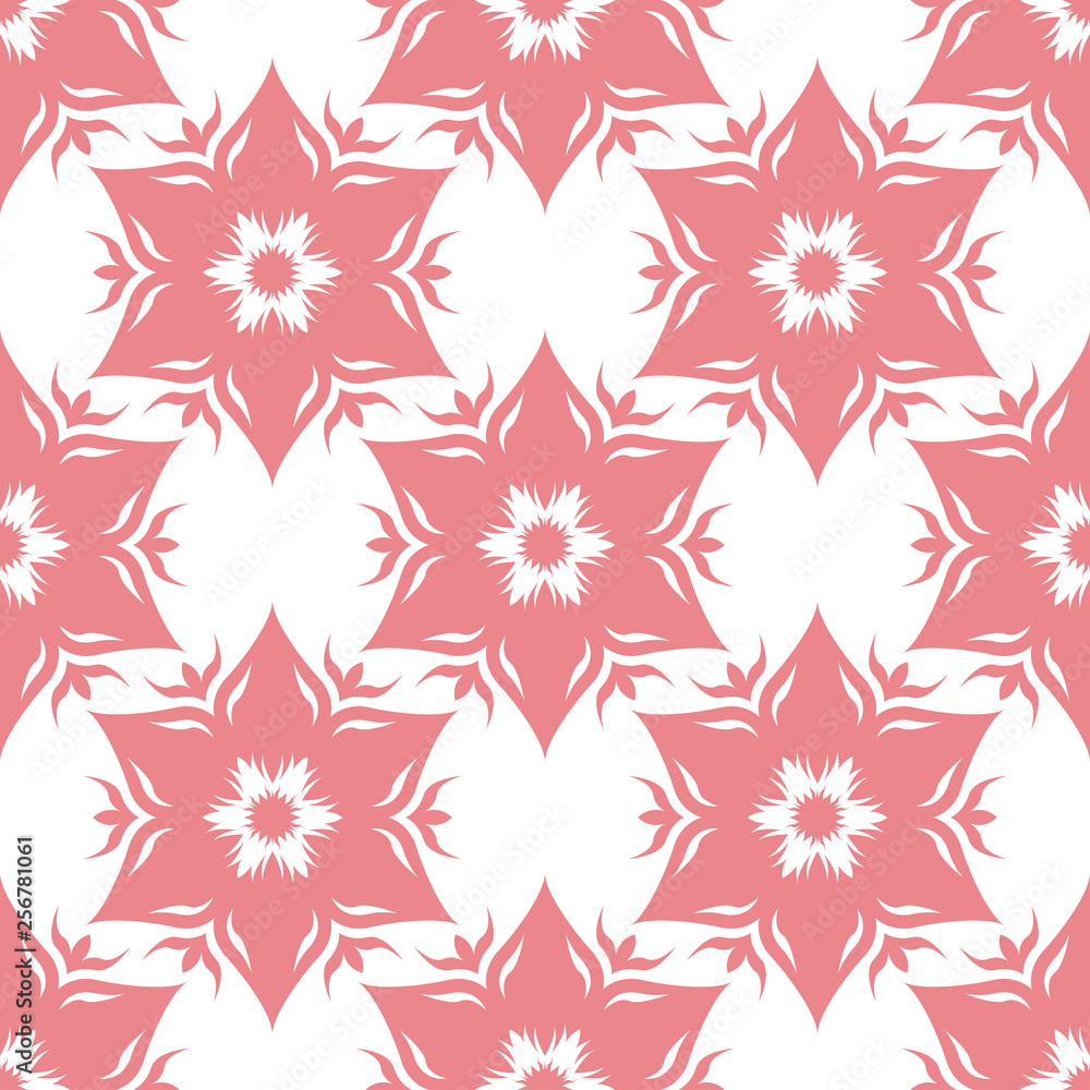 Floral seamless pattern. Pink flowers on white background