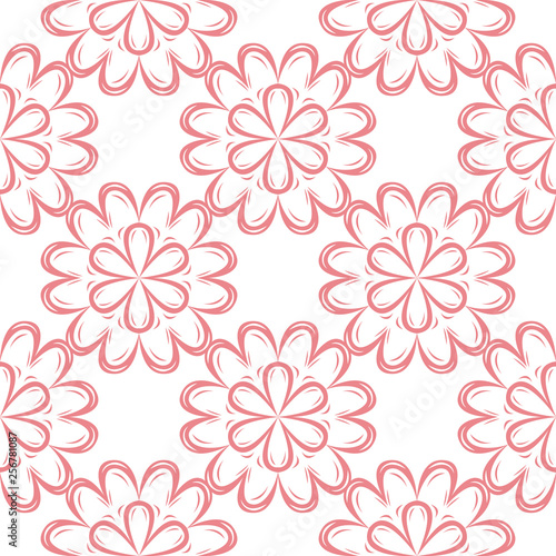  Floral seamless pattern. Pink flowers on white background