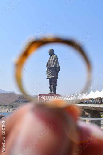 Statue of Unity view from a gold ring. photo