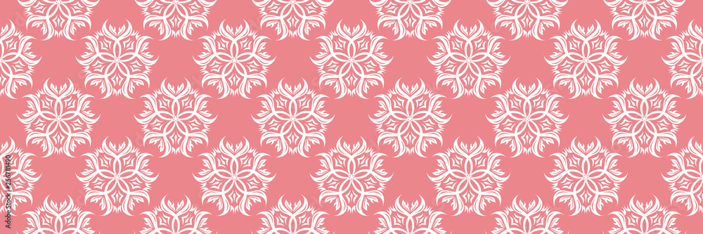 Floral white seamless print. On pale pink background