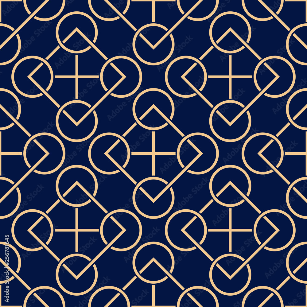 Fototapeta premium Geometric print. Golden pattern on dark blue seamless background