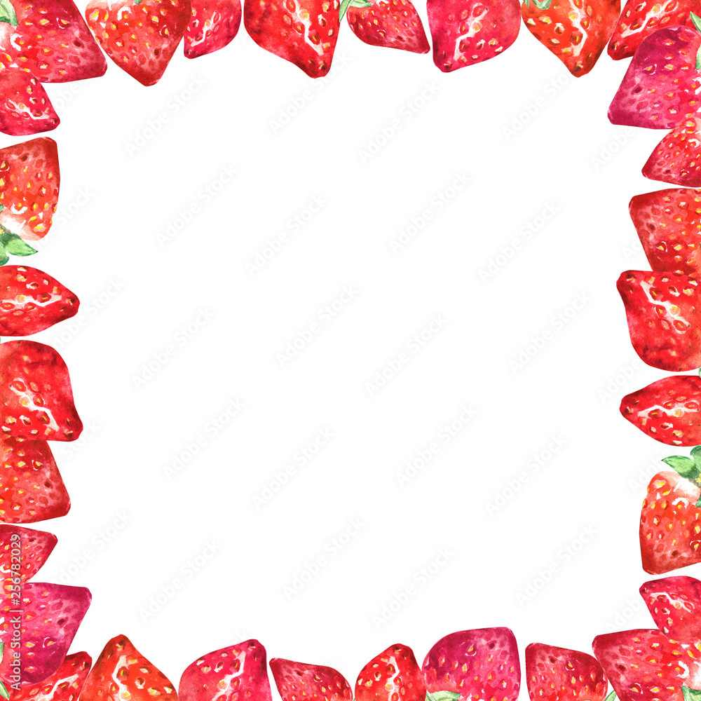painted watercolor frame of colorful hand drawn strawberries