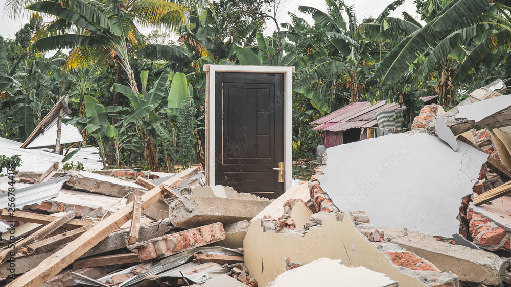 Standing Door of destroyed House after Earthquake disaster in Lombok, Indonesia Meaningful